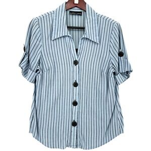 VTG Gloria Lance Blue Striped Button Front Blouse Short Sleeve Roll Tab Top 90s